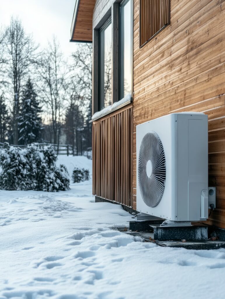 Heat pump system on the exterior of a wooden building. Snow on the ground, showing the colder weather.